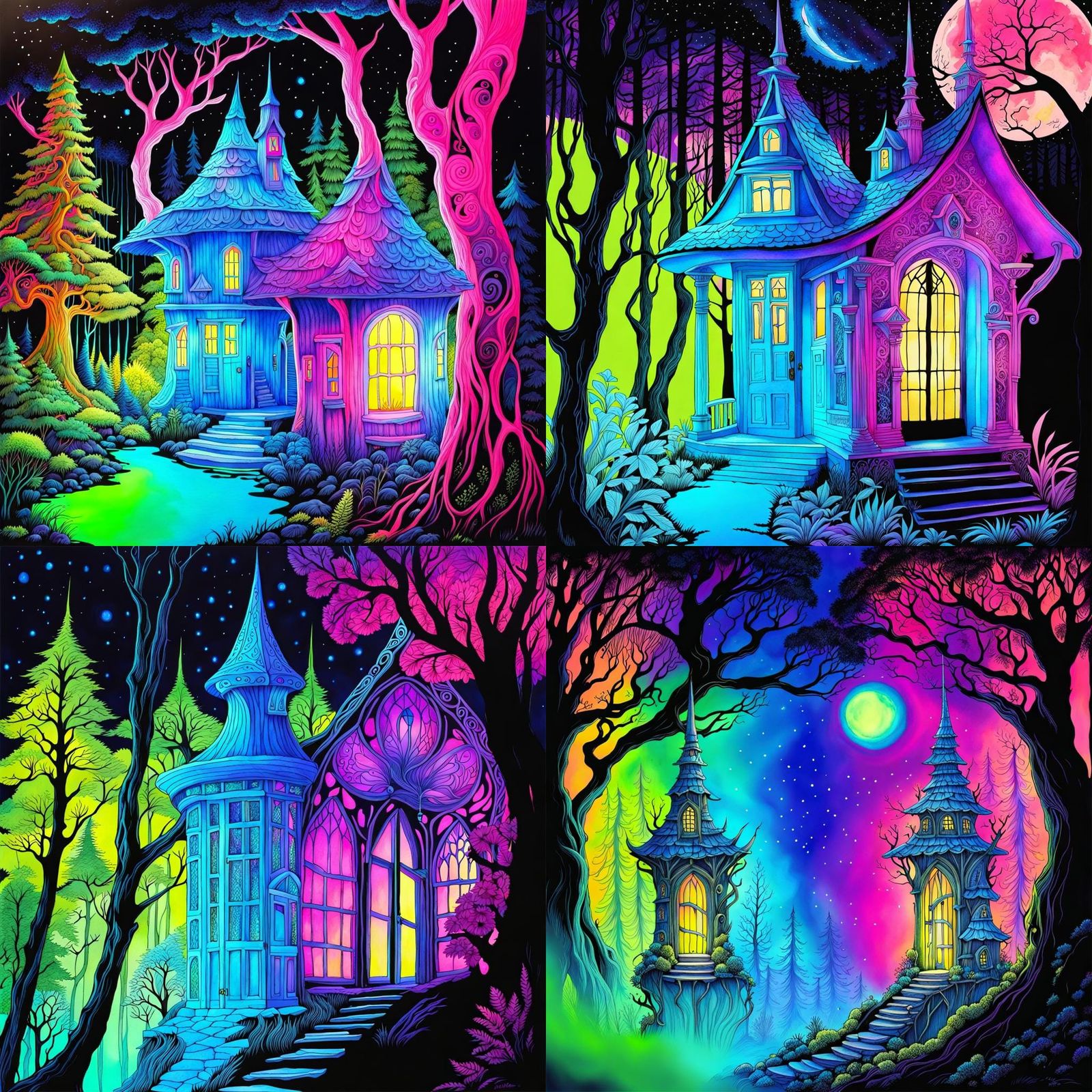 Fantastical faerie house,  in a neon black light fantasy for...
