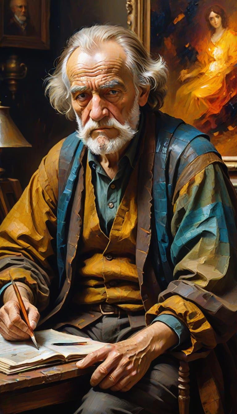 Old Man in Study: Baroque Oil Painting with Rich Textures