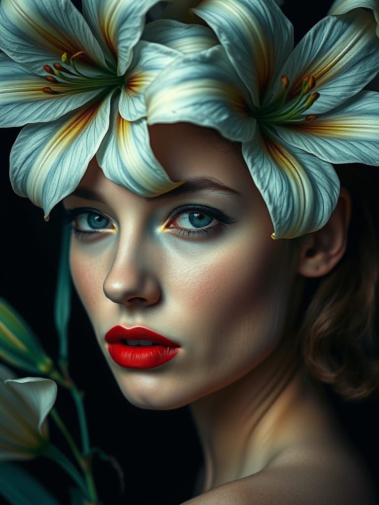 Woman with Lilies in Surreal Style