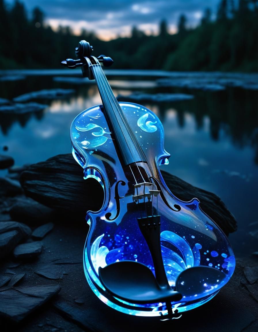 Glass Violin with Swirling Blue Fire Sky