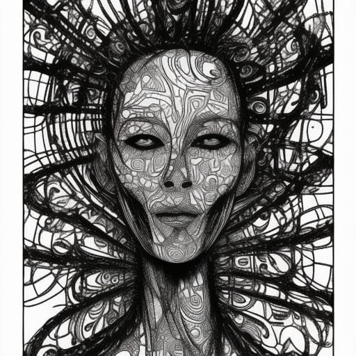 Psychedelic Mushroom Coloring Page in Ink Line Art