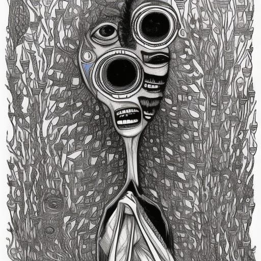 Psychedelic Mushroom Coloring Book Page in Ink Line Art