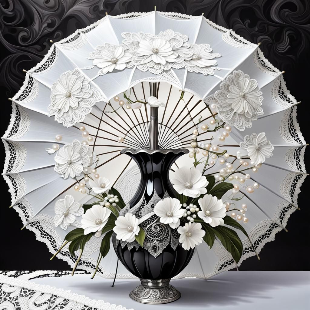 Elegant Lace Parasol Still Life in Pewter Vase
