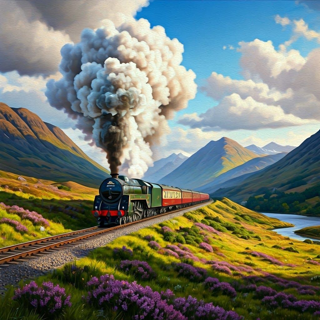 Elegant Steam Train Chugs Across Majestic Scottish Highlands