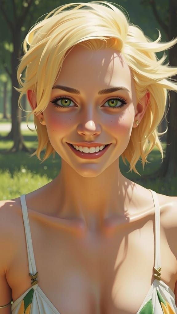 Smiling Blonde Woman in Hyperrealistic Style
