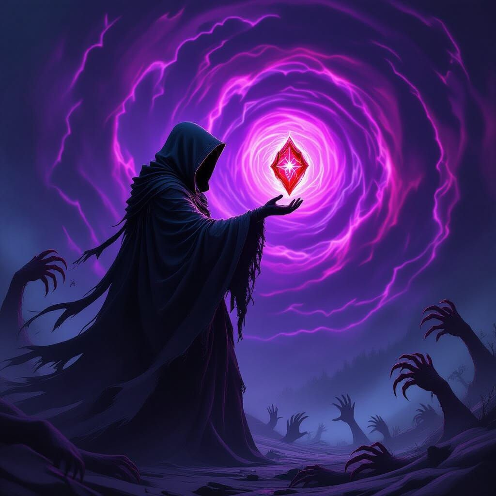 Hooded Figure and Swirling Vortex in Dark Fantasy Style