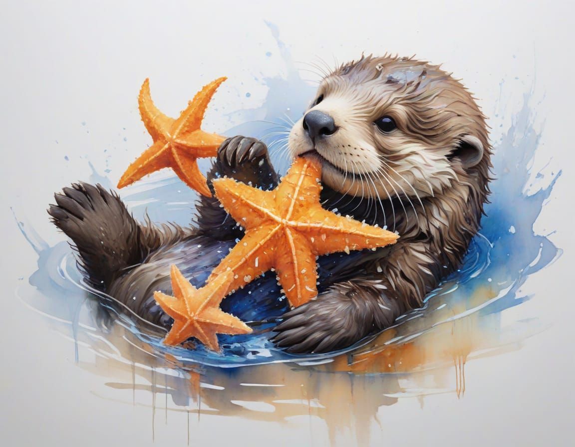 Sea Otter Pup Holding Starfish in Watercolour