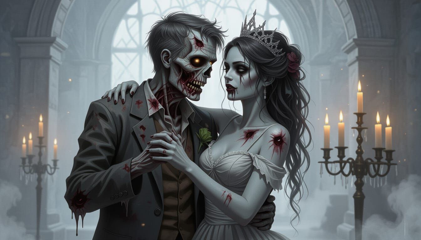 Undead Prom Couple Dancing in Eerie Chiaroscuro