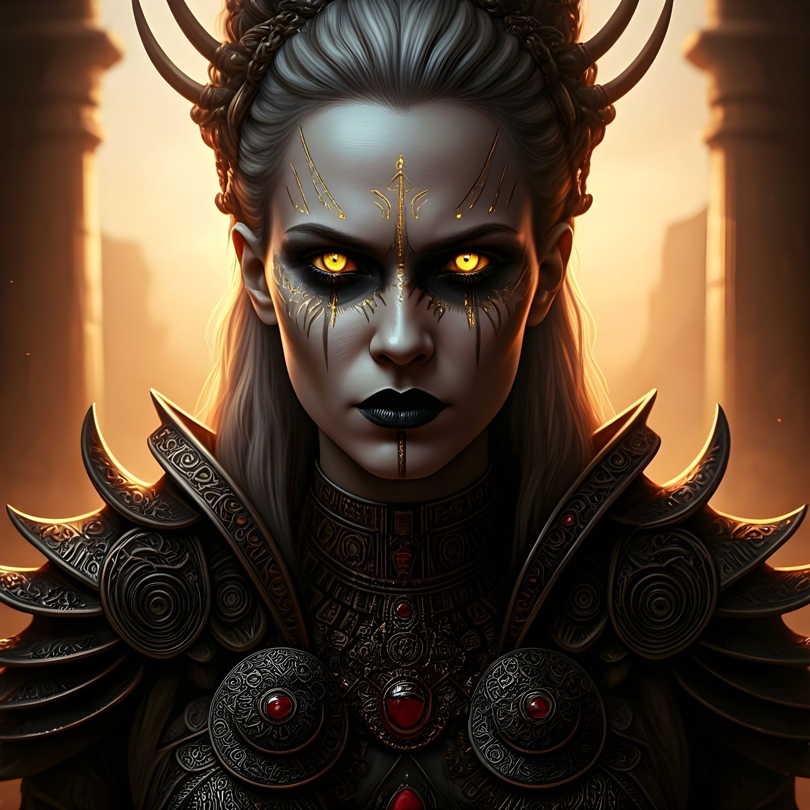 Viking Priestess in Gothic Armor with Glowing Tattoos