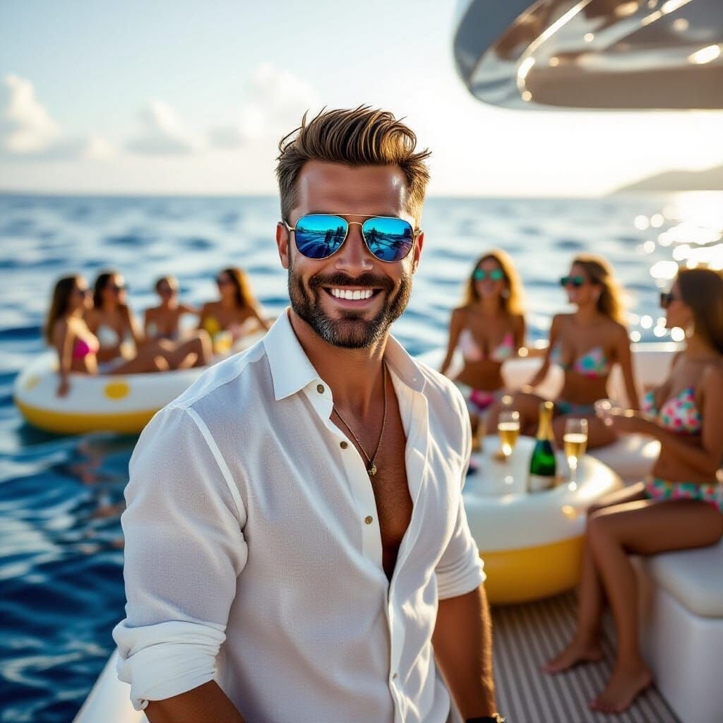 Man on Luxury Yacht with Women Dancing on Raft