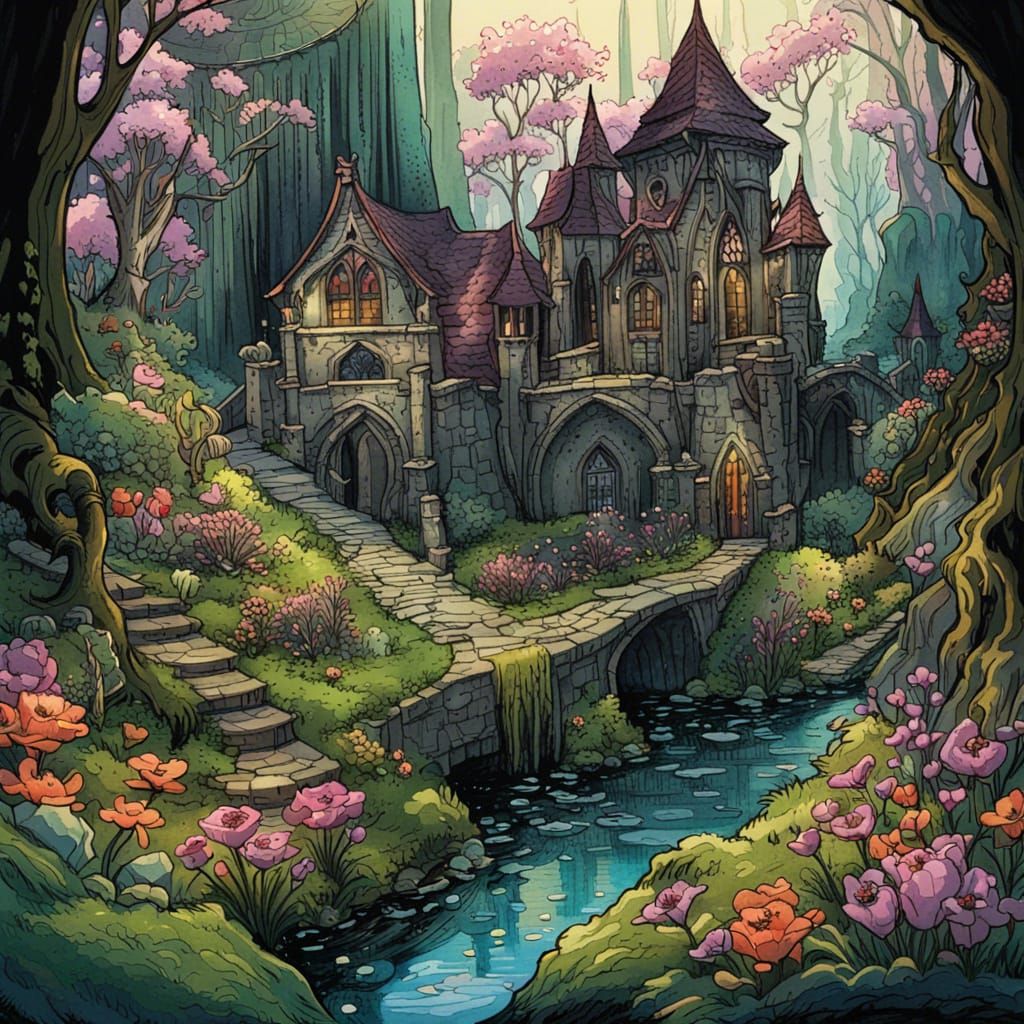 Gothic Fairytale Town in Lush Spring Forest