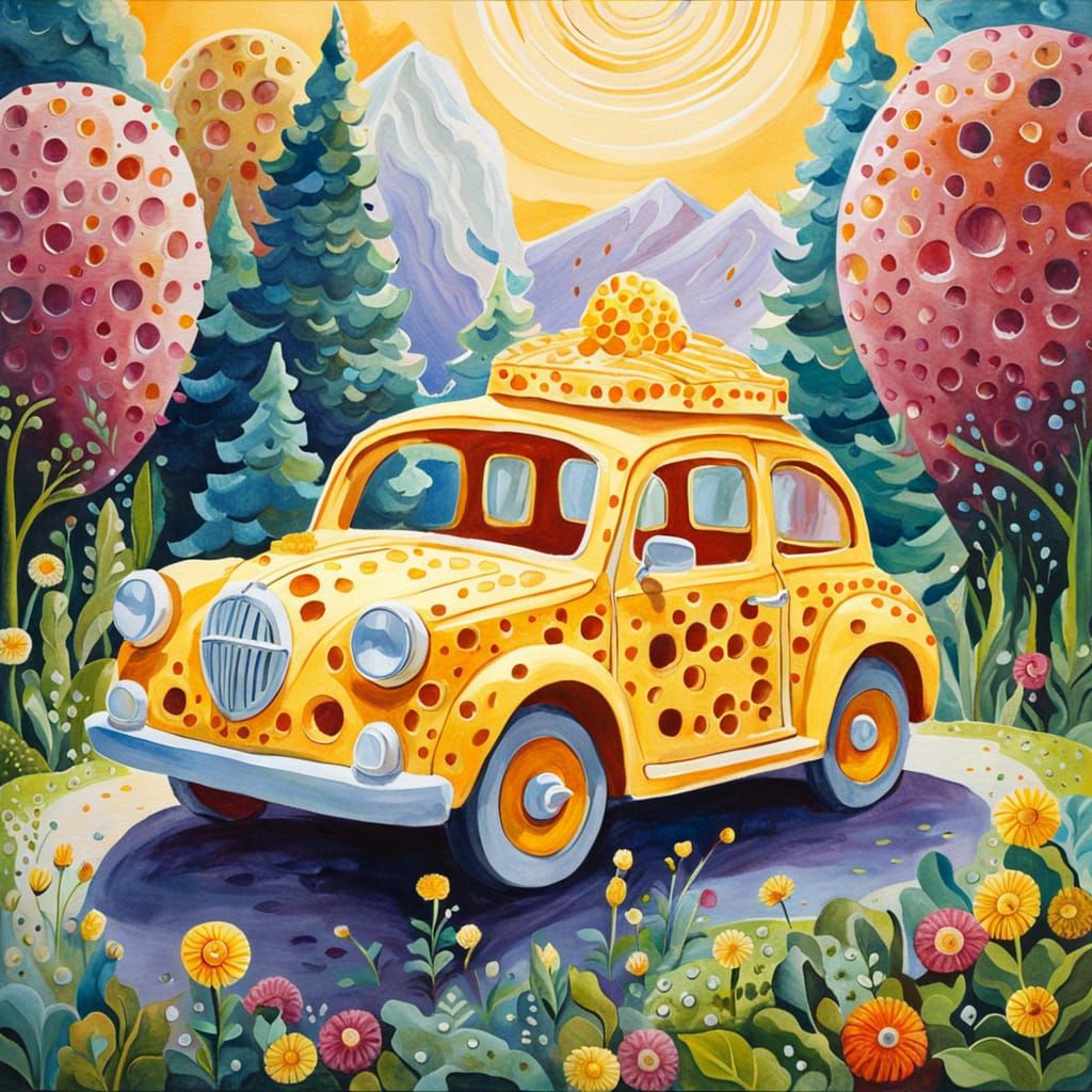 Swiss Cheese Car in Gouache Style