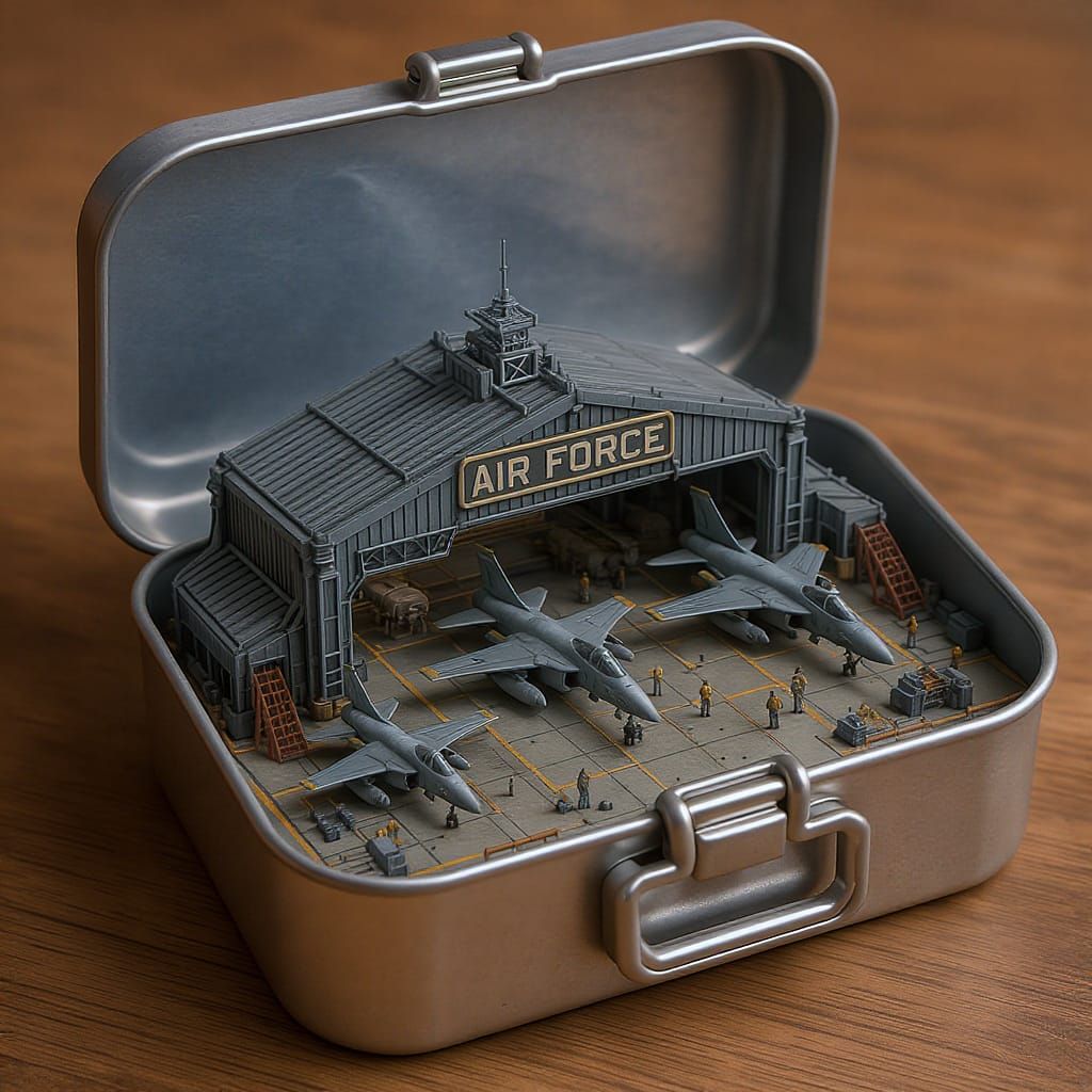 Miniature Airforce Hangar in Lunchbox, Digital Art