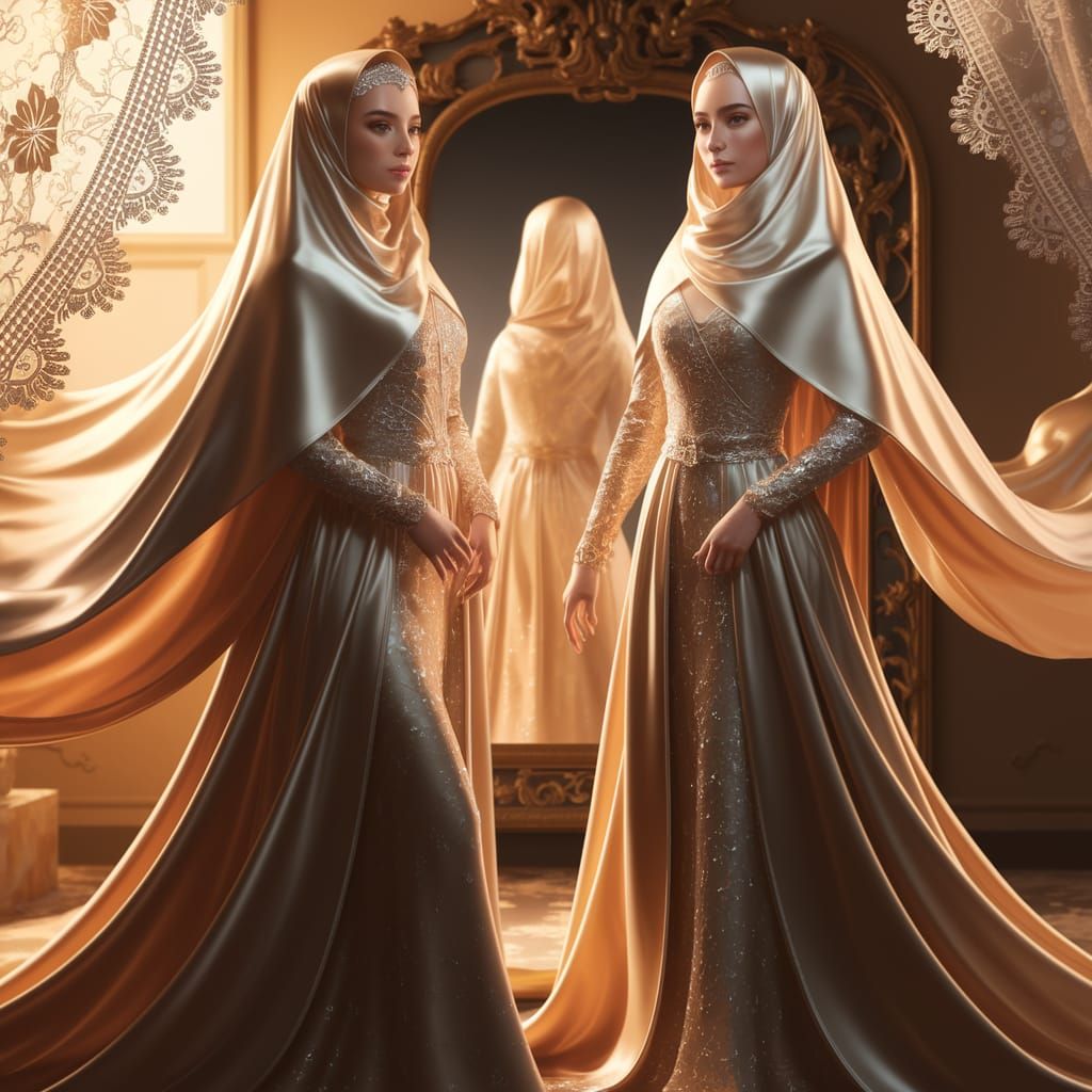 Luxurious Muslimah Goddesses in Opulent Satin Attire