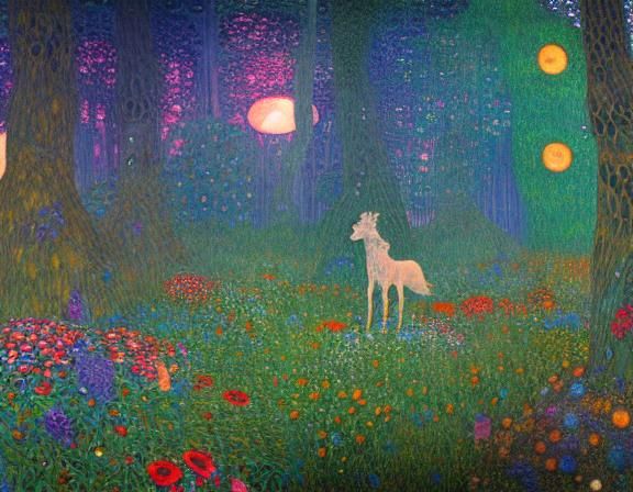 Sunset-Hybrid Woman in Magical Forest, Art Nouveau Style