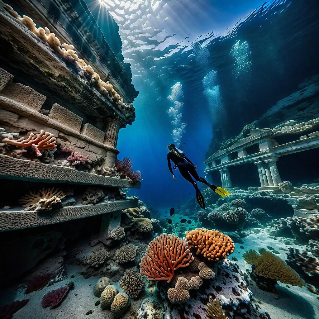 diver discovering greek ruins at the bottom of the mediteran...
