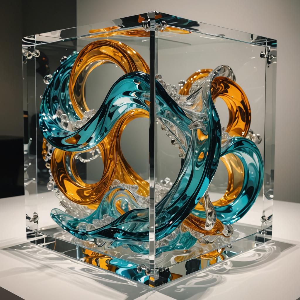 Abstract Wave Sculpture in Transparent Cube
