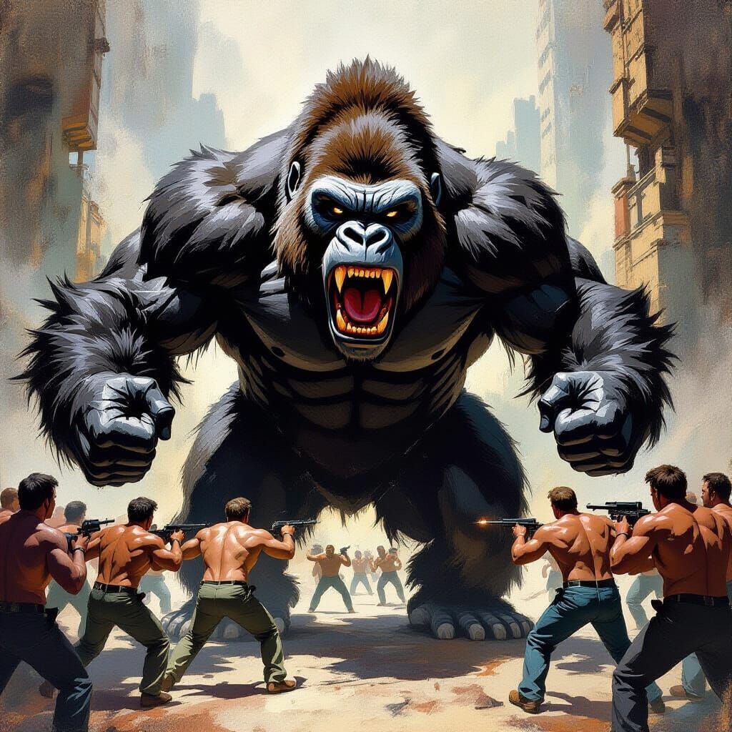 Angry Gorilla Confronts 100 Men: Pulp Art