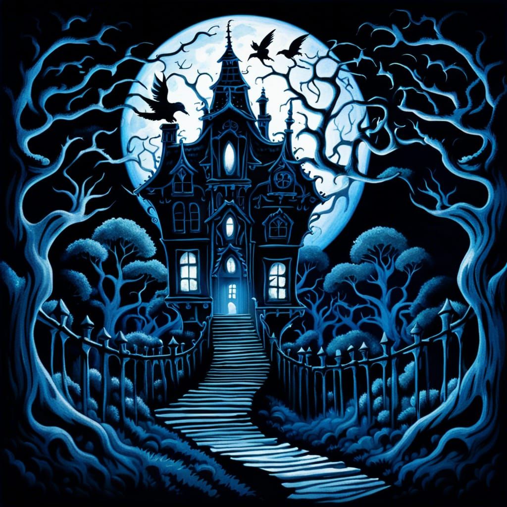 Gothic Surrealism: Haunted House Silhouette in Moonlight
