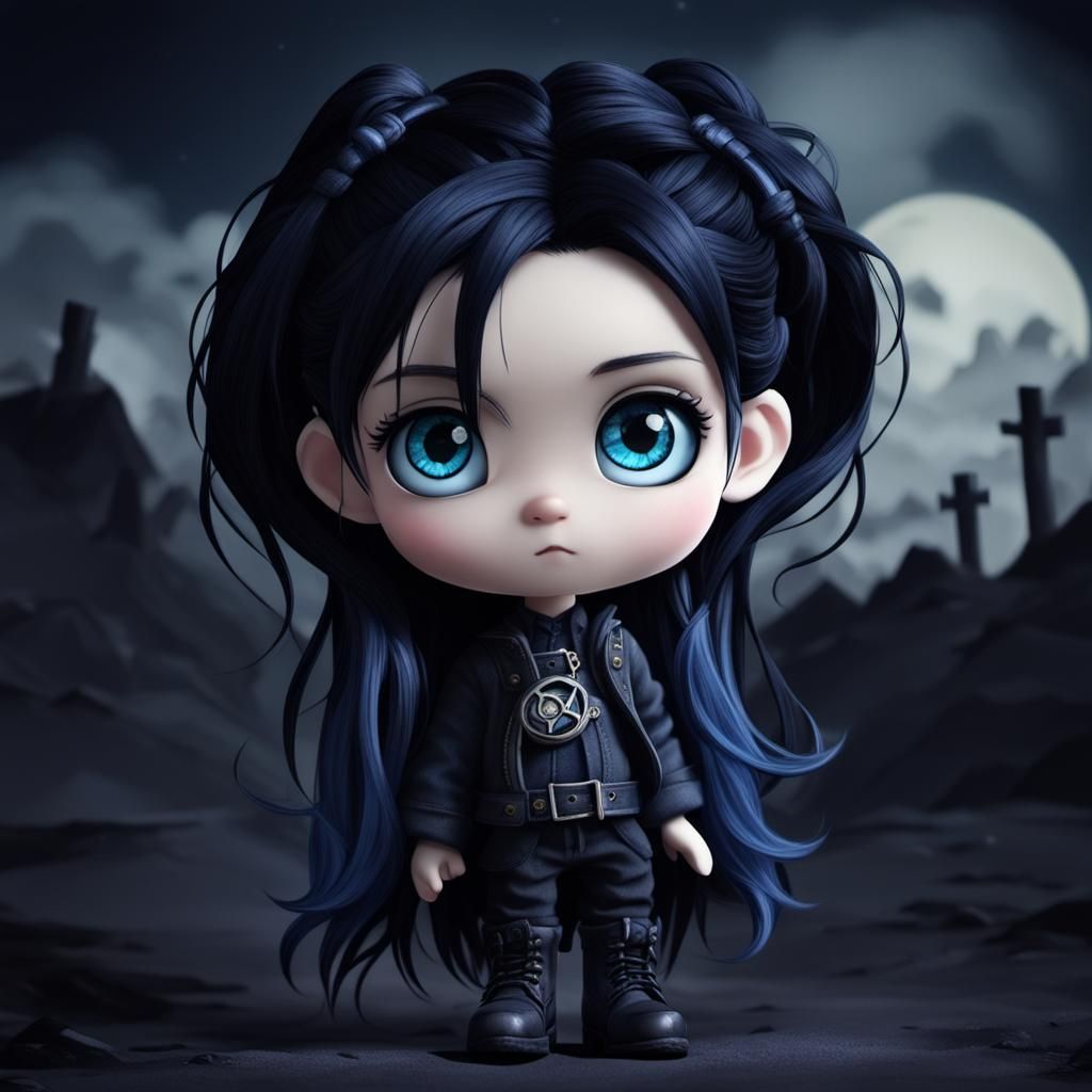 Gothic Chibi Claymation Figure with Dark Blue Eyes