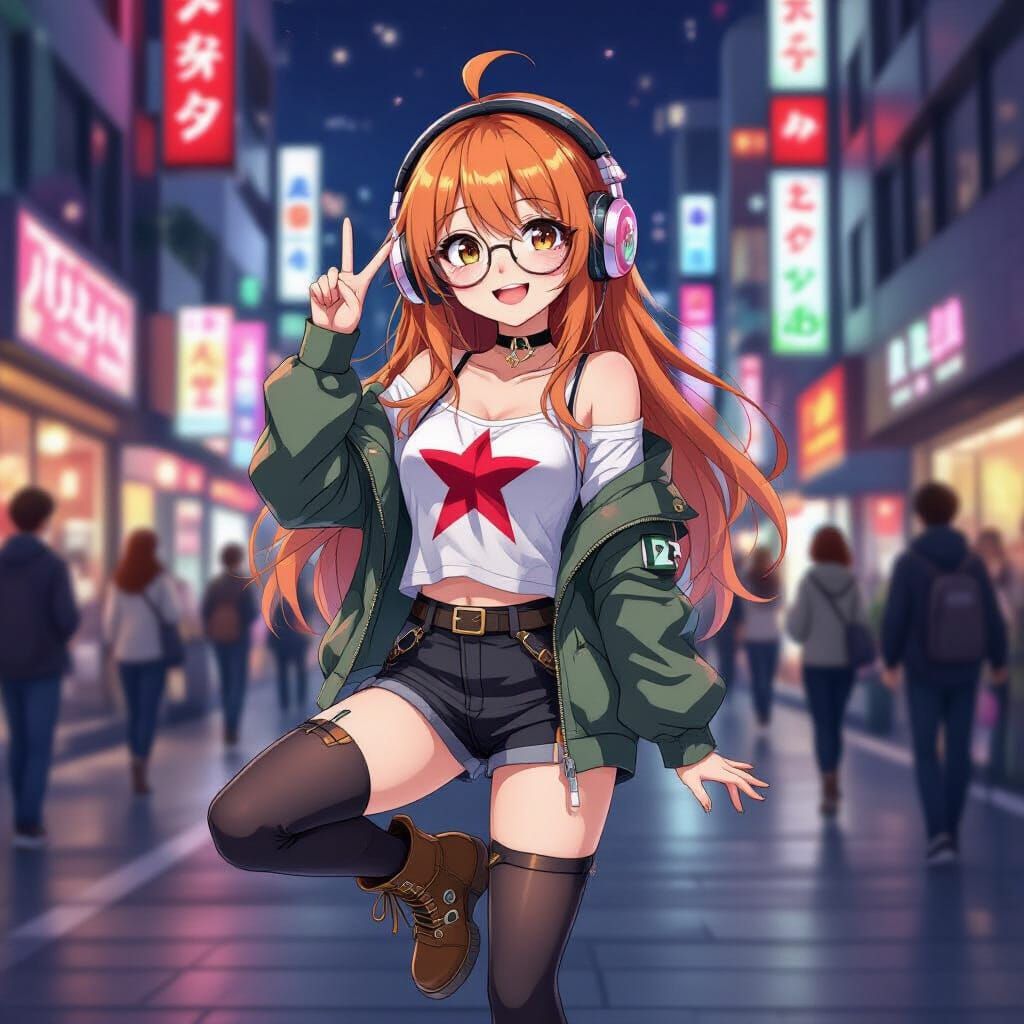 Anime Girl in Vibrant Tokyo Night Cityscape