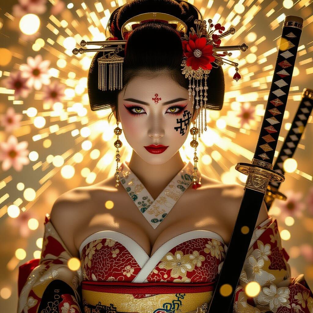 Yakuza Oiran with Katana in Hyper-Realistic Photography Styl...