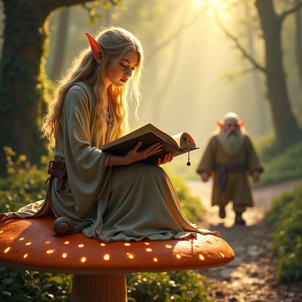 Enchanted Elf Reading on Mushroom in Forest