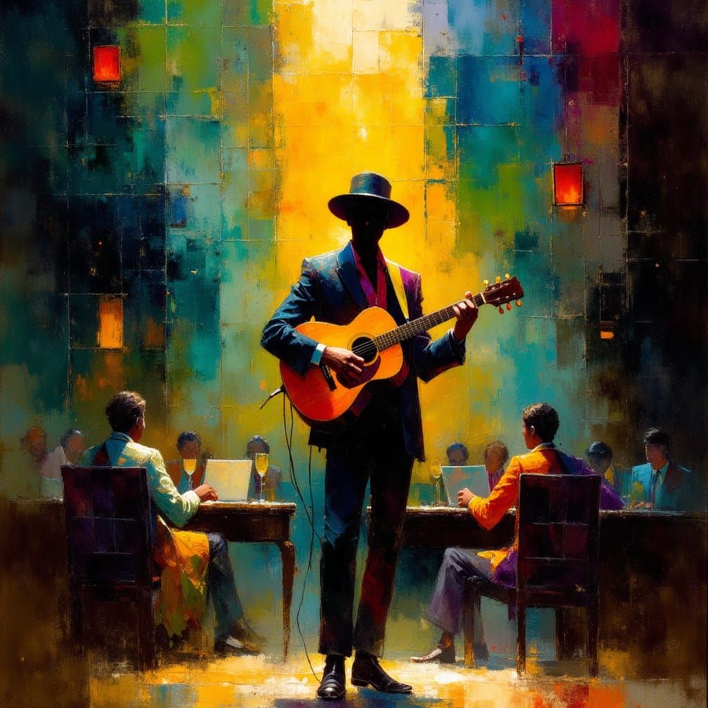 Guitar Maestro on Stage with Cityscape