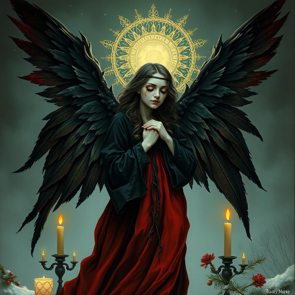 Dark Christmas Angel in Victorian Art Nouveau Style
