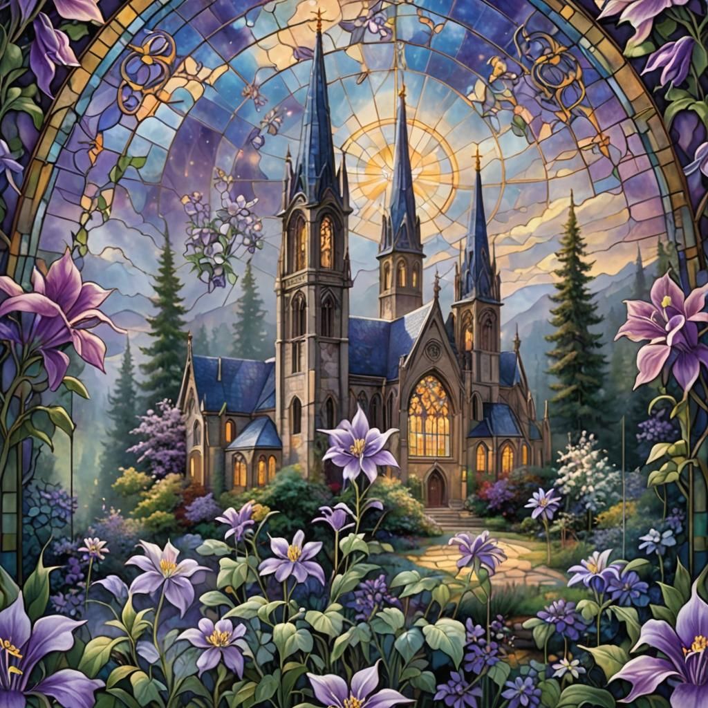 Ethereal Stained Glass Cathedral with Columbine Flower