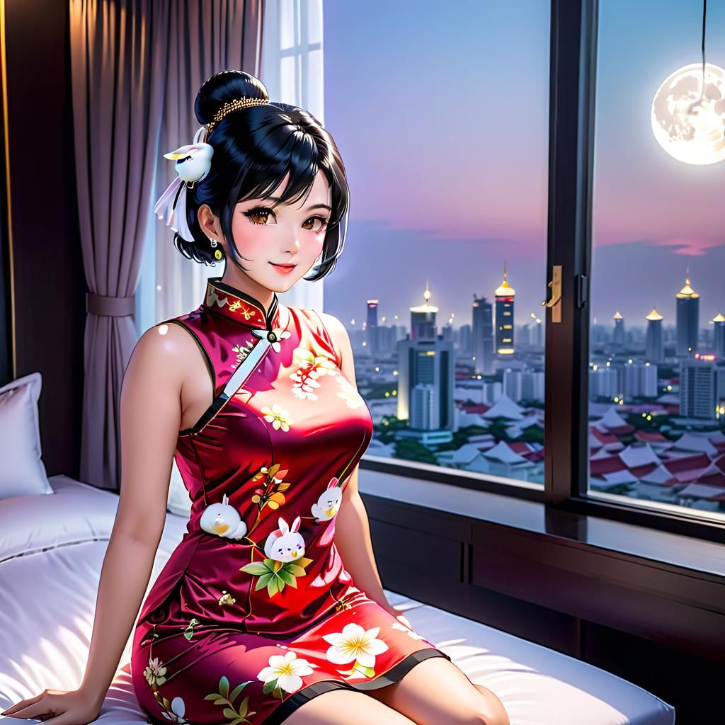 Thai Girl with Rabbit Ears in Qipao