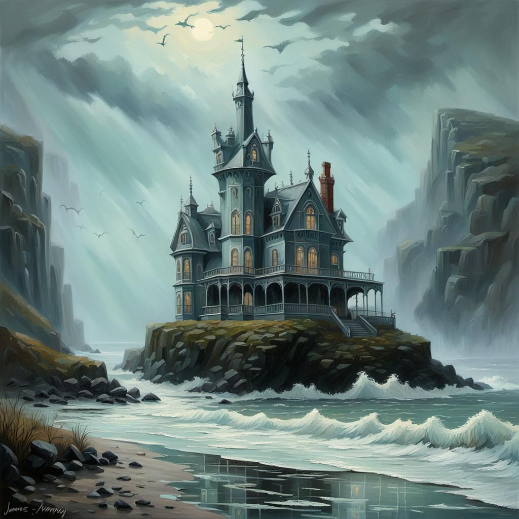 Addams Family Mansion on Foggy Coast as Impressionist Painti...
