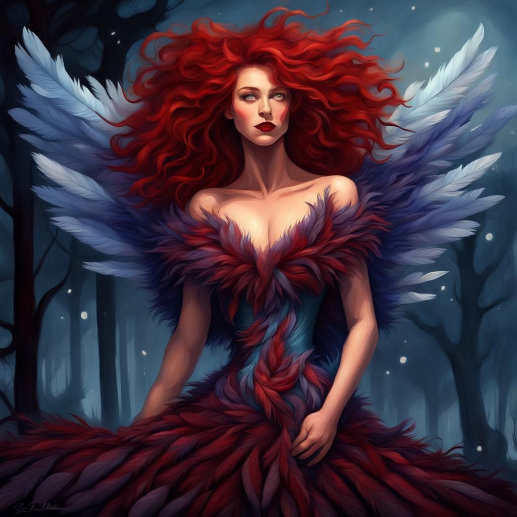 Woman's Feather Dress Shimmers in Night, Fantasy Art
