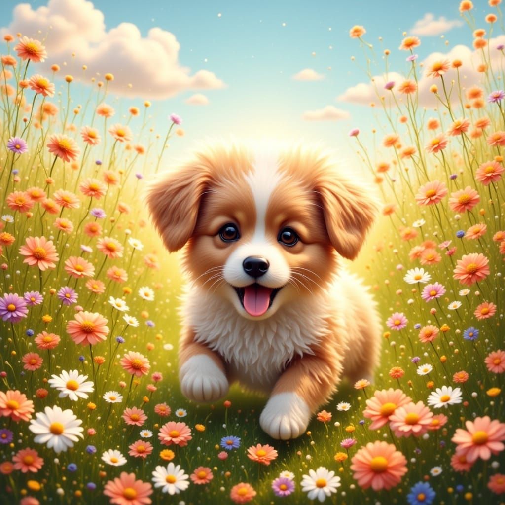 Vibrant Field Canine Frolics Amidst Blooming Wildflowers