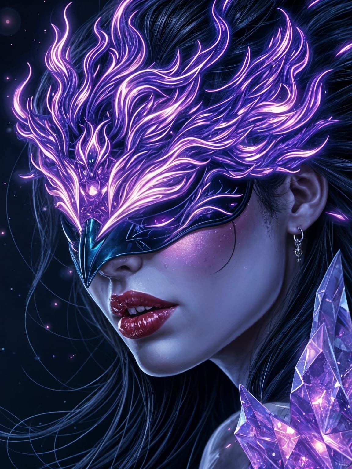 Cyberpunk Masquerade: Woman in Purple Fire