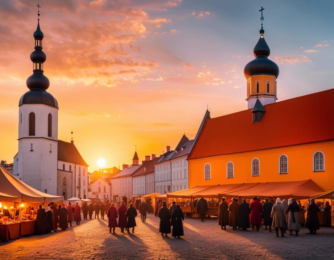 Crowded Medieval Market in Estonia at Sunset