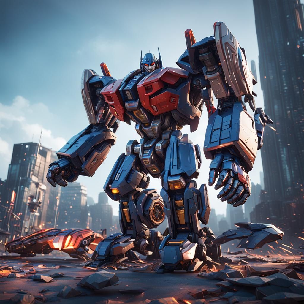 Detailed Transformers Mech in Futuristic Sci-Fi Scene