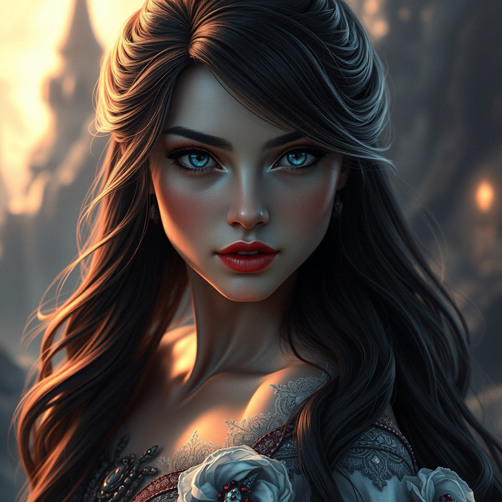 Enigmatic Raven-Haired Princess in High-Fantasy Style