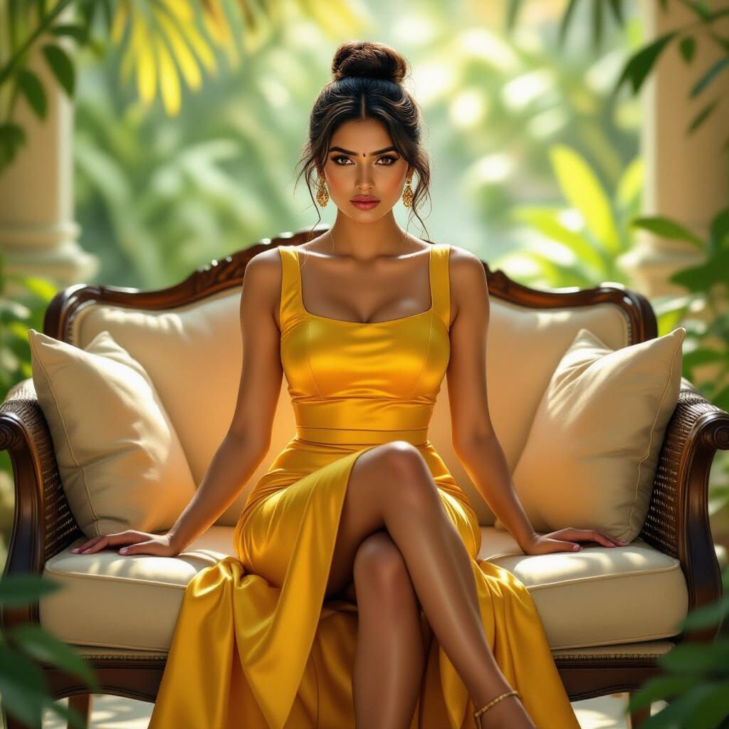 Indian Woman in Yellow Skirt in Garden