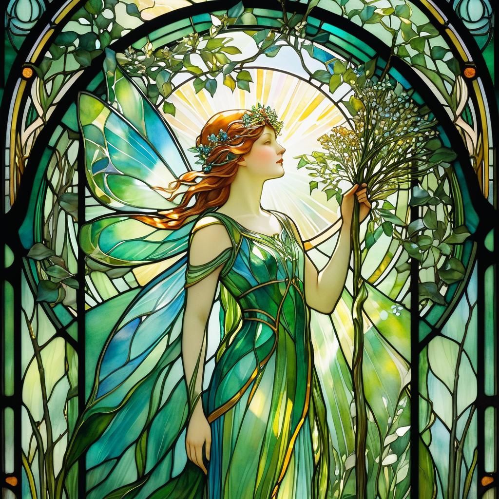 Stained Glass Nature Goddess in Art Nouveau Style