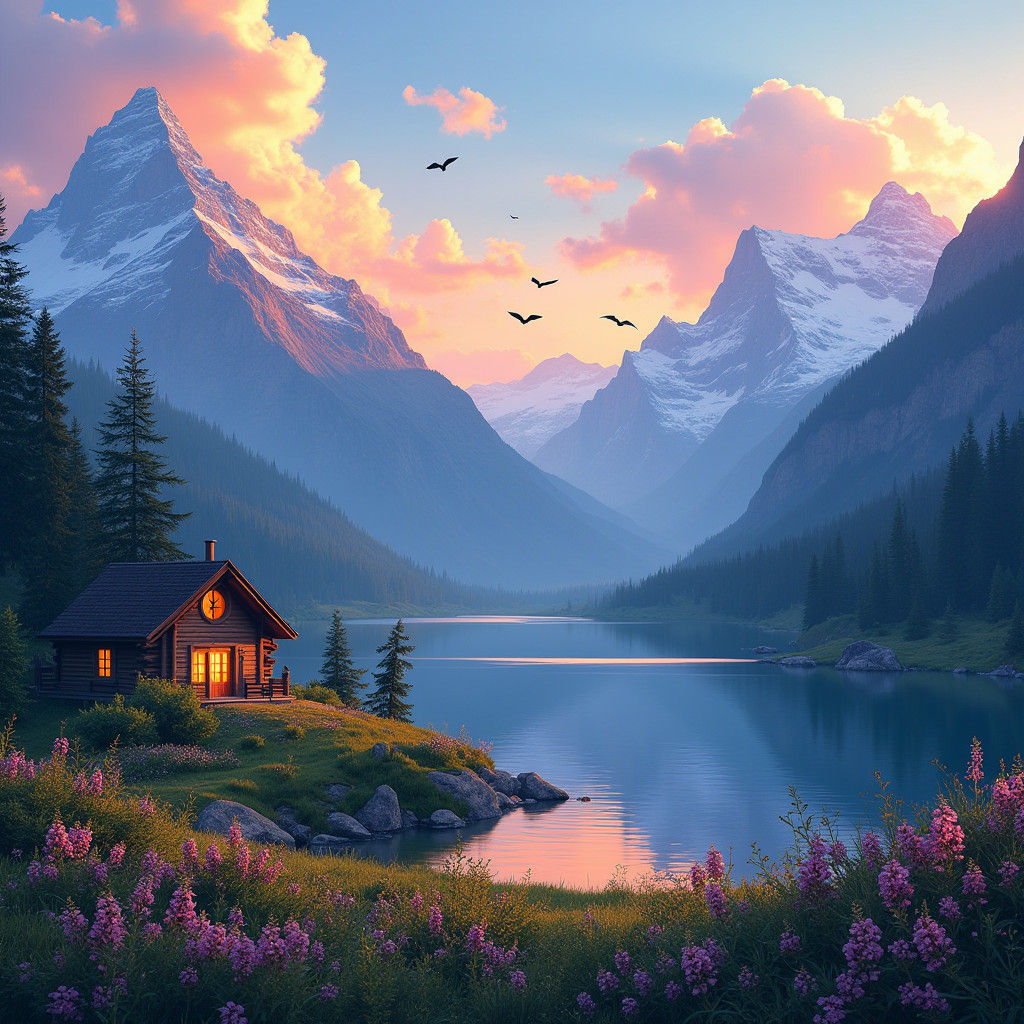 Golden Hour Mountainside: A Serene Landscape Painting
