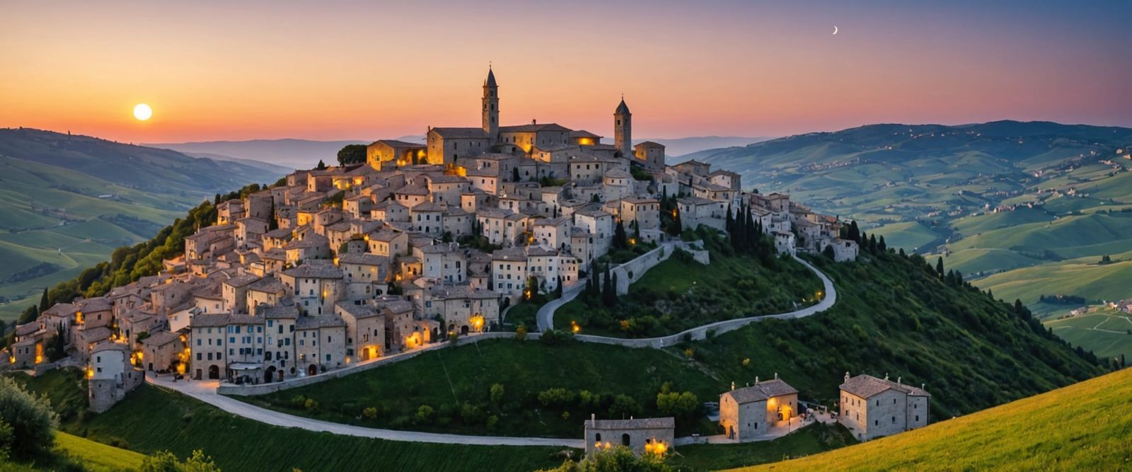 Scenic Italian Hilltop Village at Sunset