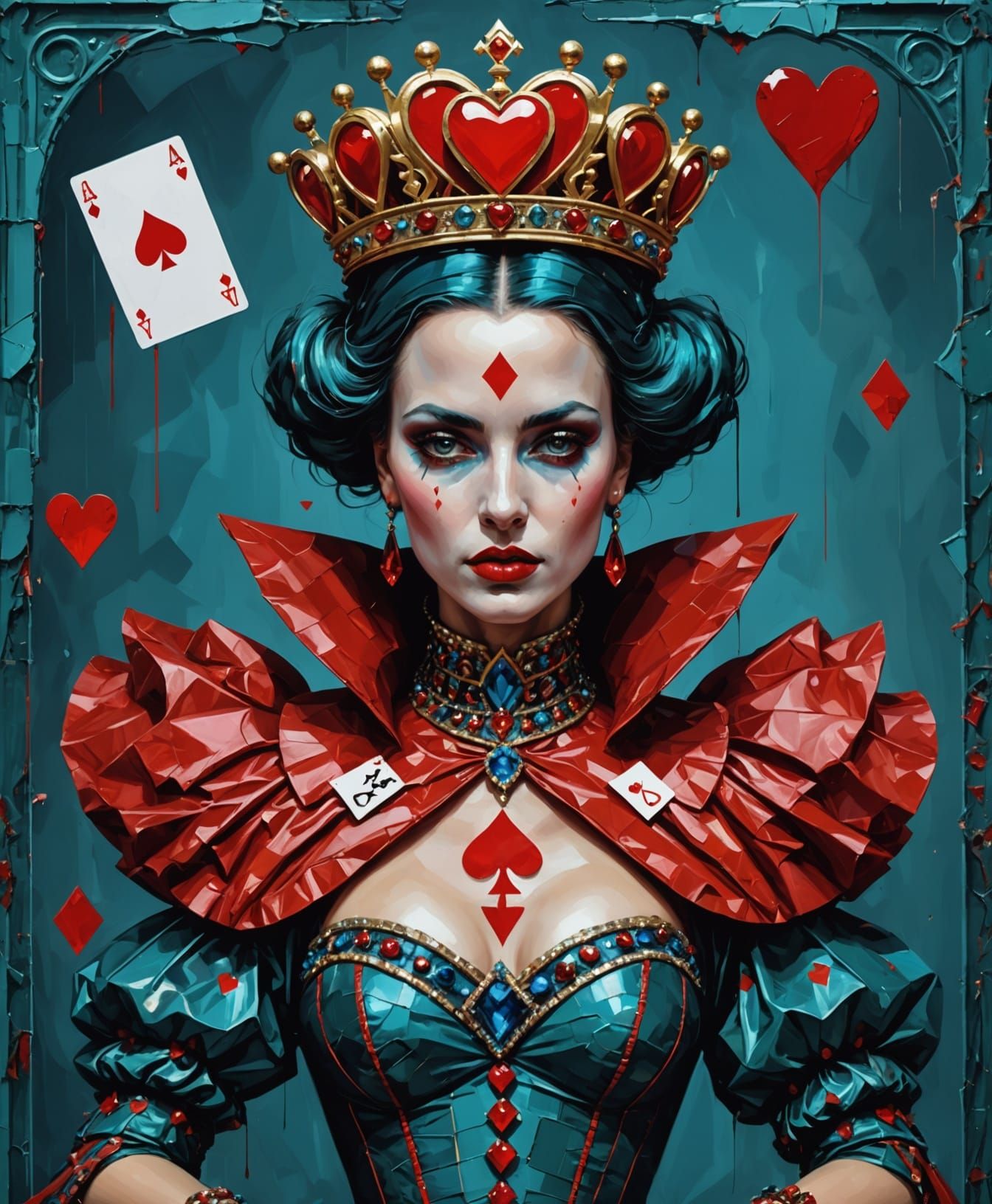 Avant-Garde Queen of Hearts in Haute Couture, Red Tears, and...