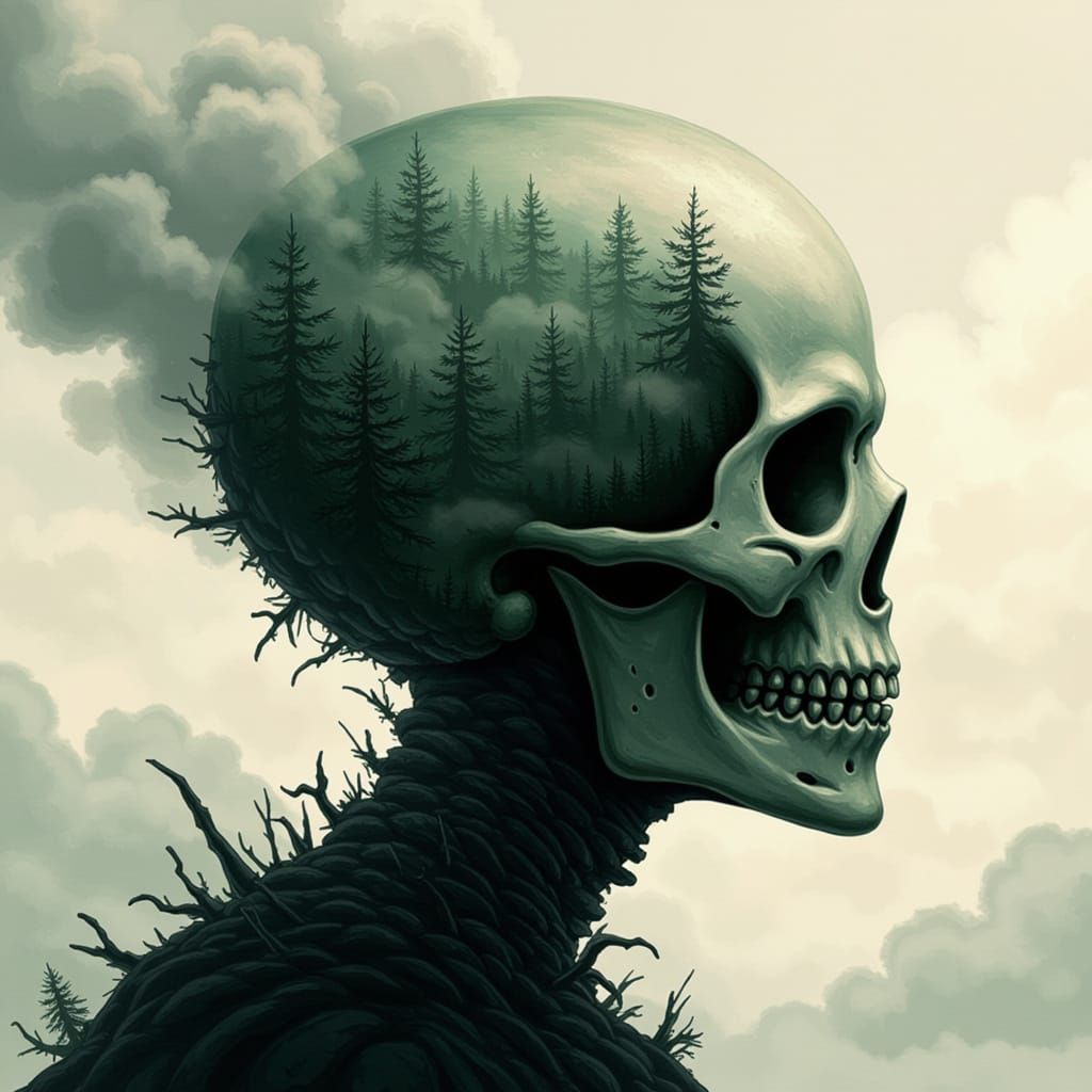 Skull and Forest Digital Art in Ade Santora Style