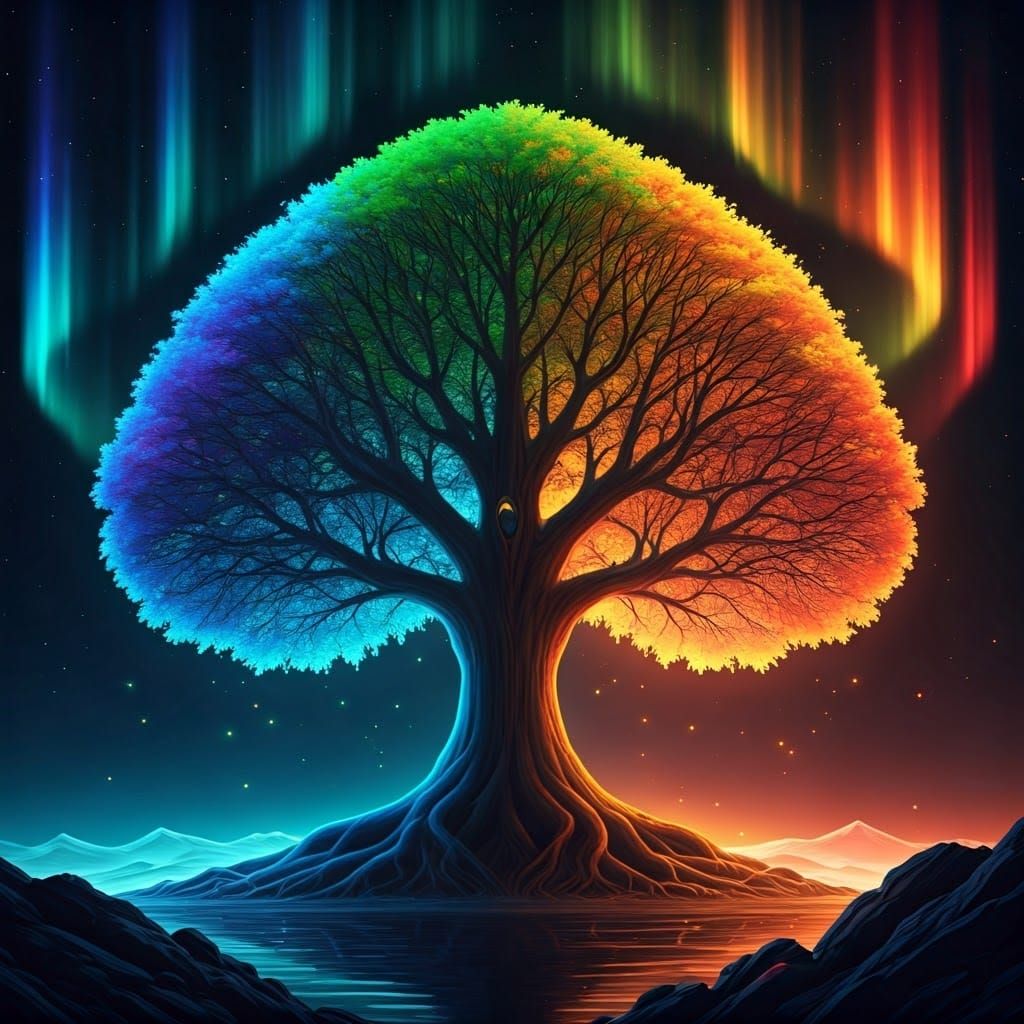 Glowing Tree of Seasons in Neon Aurora