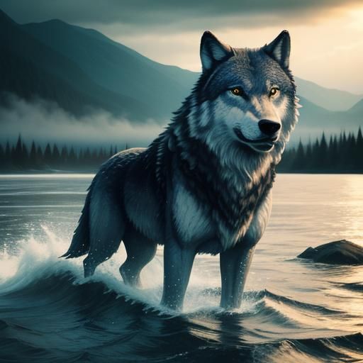 Majestic Wolf in Sunny River: Cinematic Film Still
