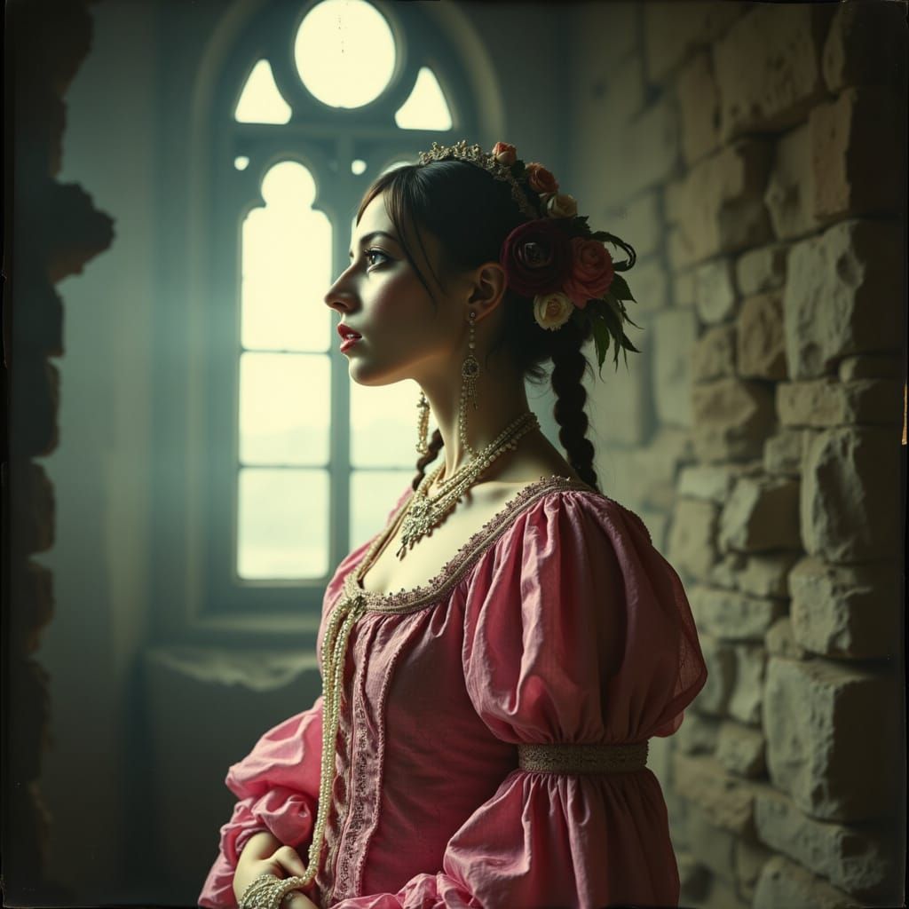 Gothic Princess in Pink Brocade Gown, Precisionist Style