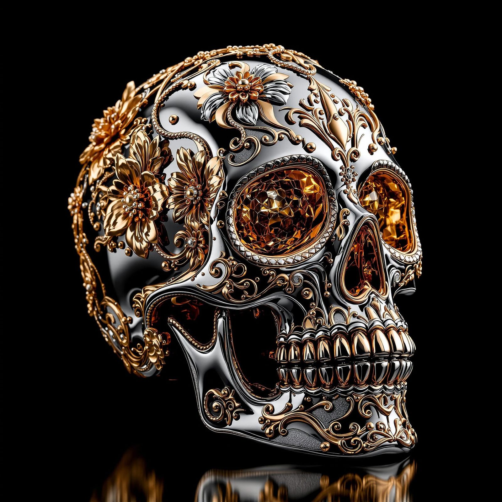 Metal Sugar Skull with Intricate Filigree Details