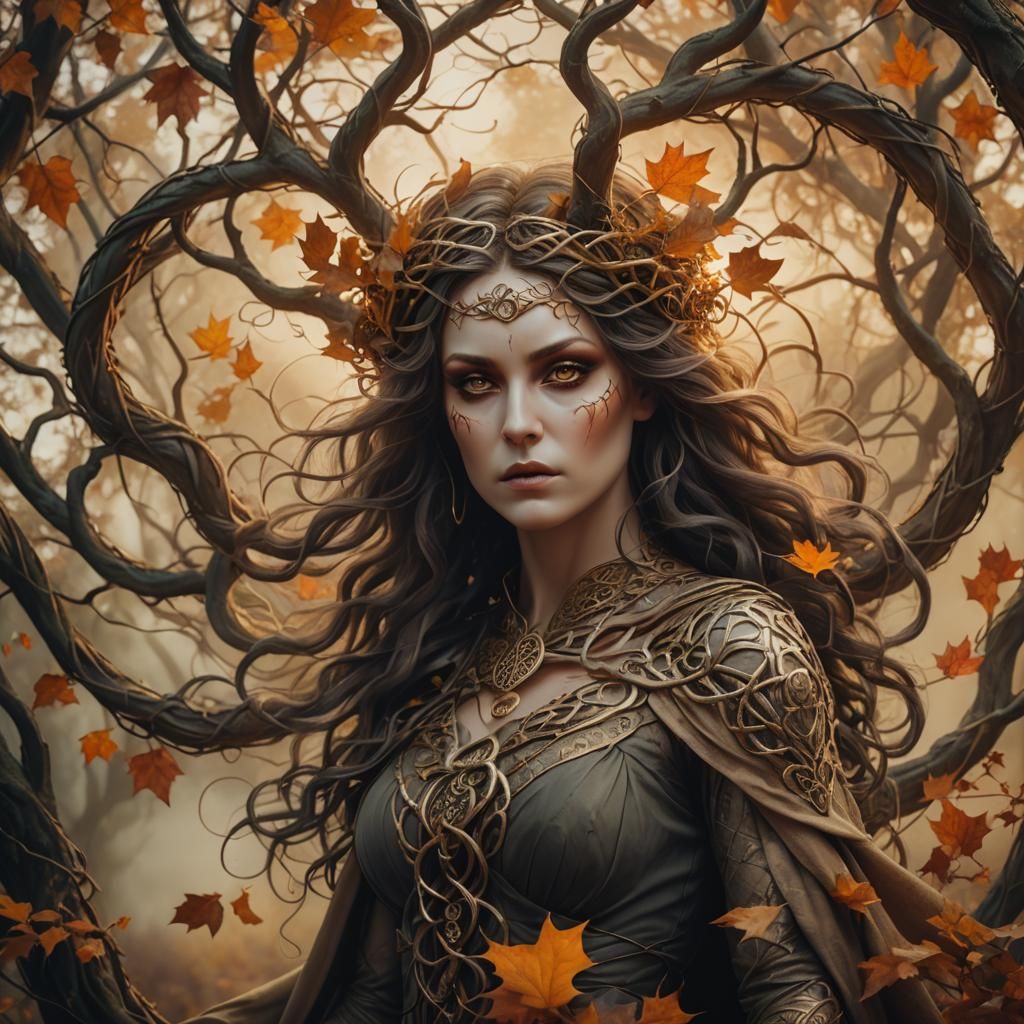 Morrigan: Celtic Deity in Surreal Autumn Landscape