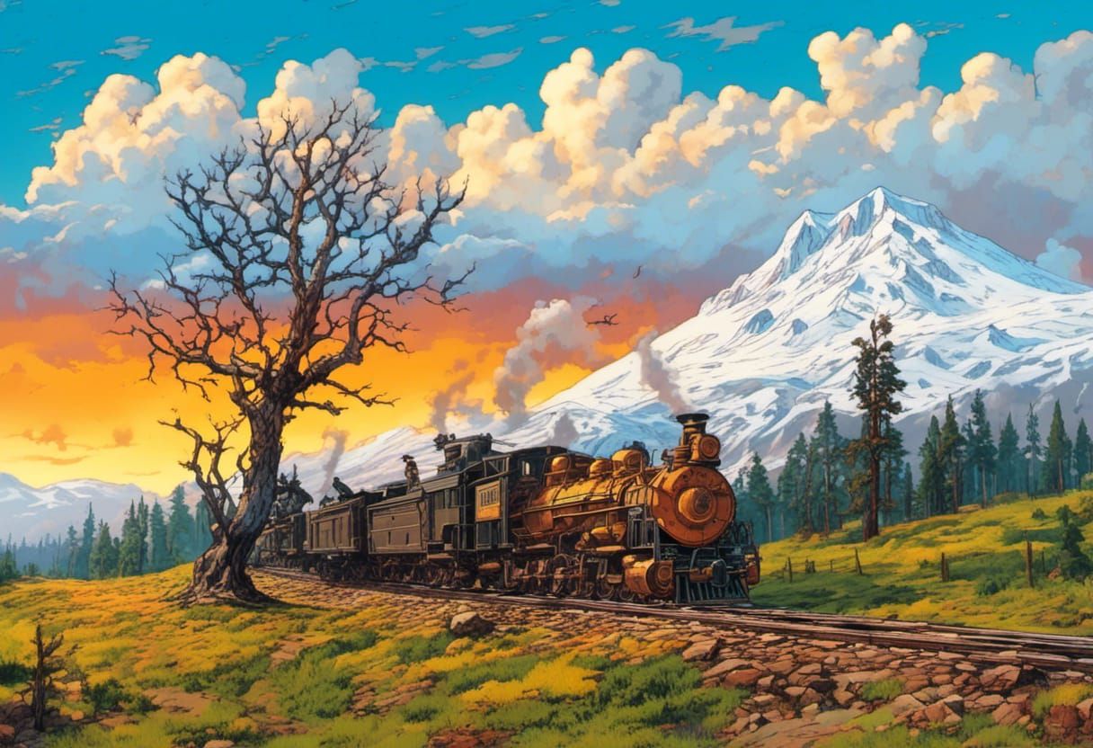 Diesel Train at Sunset in Comic Book Art Style